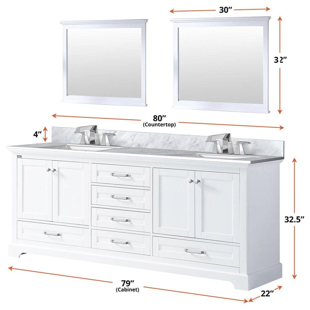 Lexora Home Dukes 80&quot; Double Bathroom Vanity in White with 2 cm White Carrara Marble Top and Rectangular Sinks, , large