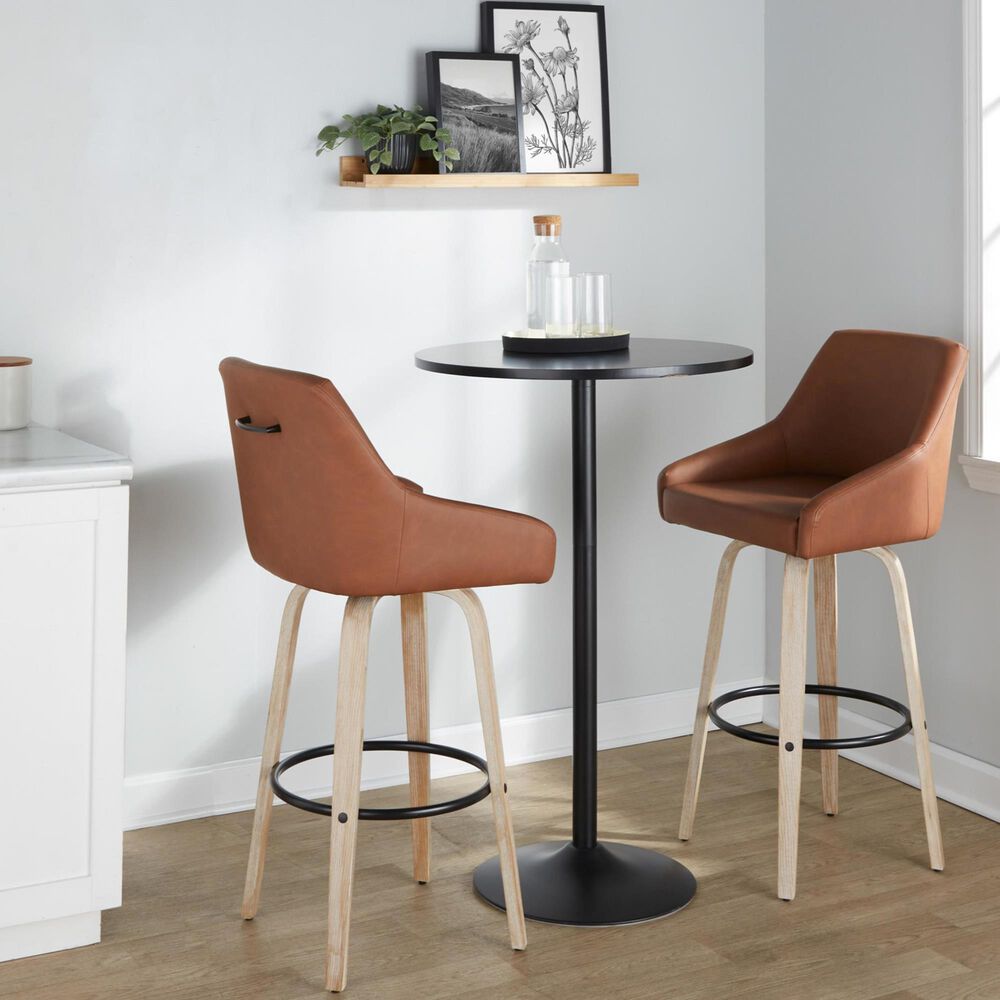 LumiSource Hannah Swivel Bar Stool with Camel Faux Leather Upholstery in Whitewashed and Black (Set of 2), , large