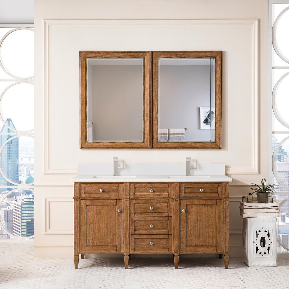 James Martin Vanities Brittany 60&quot; Double Bathroom Vanity in Saddle Brown with 3 cm White Zeus Quartz Top and Rectangular Sinks, , large