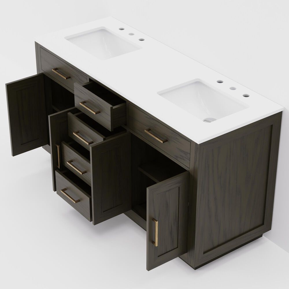 Lexora Home Abbey 60&quot; Double Bathroom Vanity in Brown Oak with 2 cm White Quartz Top and Rectangular Sinks, , large