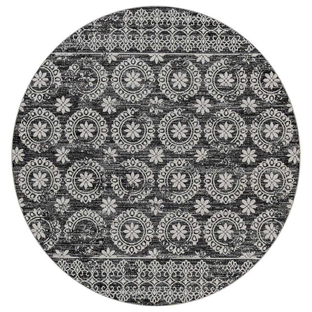 Surya Lavadora Oriental 6"7" Round Black, Gray and Light Gray Area Rug, , large