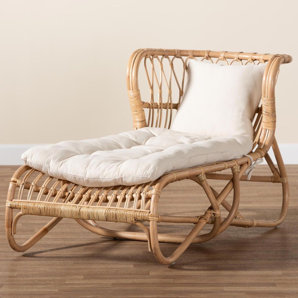 Baxton Studio Delara Chaise with Natural Brown Rattan in White, , large