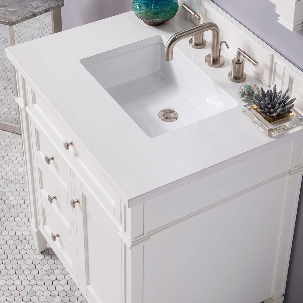 James Martin Brittany 30&quot; Single Bathroom Vanity in Bright White with 3 cm White Zeus Quartz Top and Rectangular Sink, , large