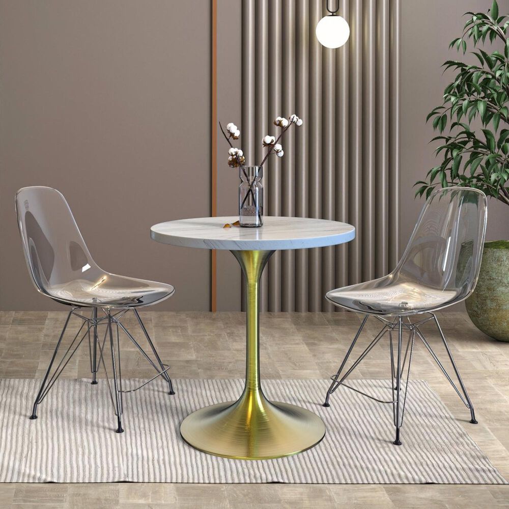 Leisuremod LeisureMod Verve Collection 27 Round Dining Table, Brushed Gold Base with Laminated White Marbleized Top, , large