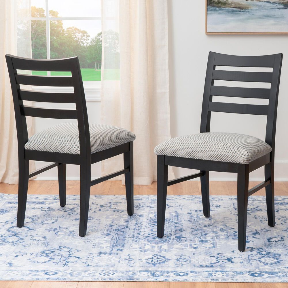 Linon Home Decor Flynn Side Chair with Blue and Beige Fabric Cushion in Black (Set of 2), , large