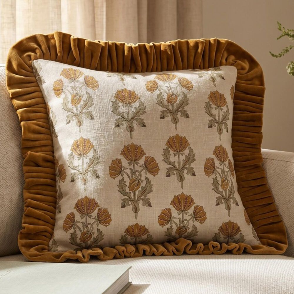 Creative Coop Cozy 18" Square Floral Throw Pillow with Mustard Velvet Ruffle in Multicolor, , large