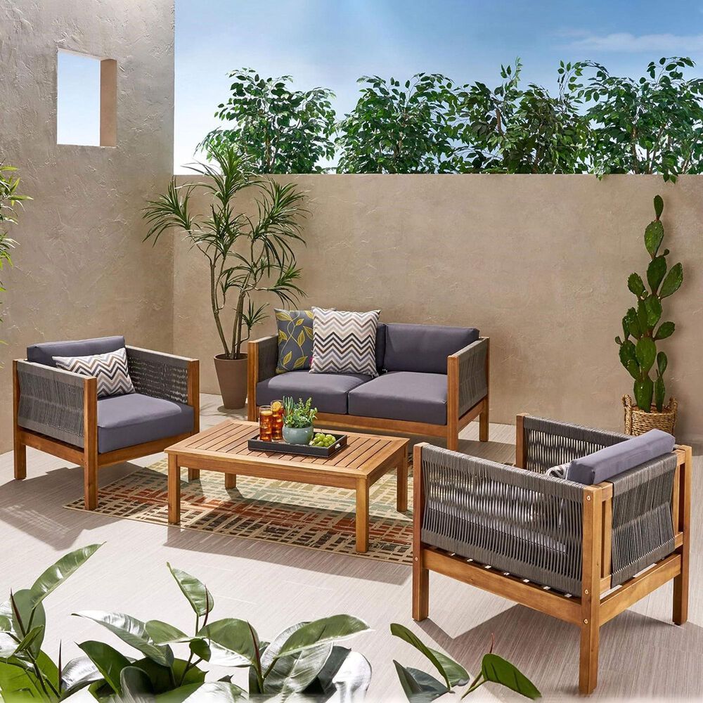 Hearth and Haven Laurel 4-Piece Outdoor Chat Set with Teak Coffee Table in Dark Gray, , large