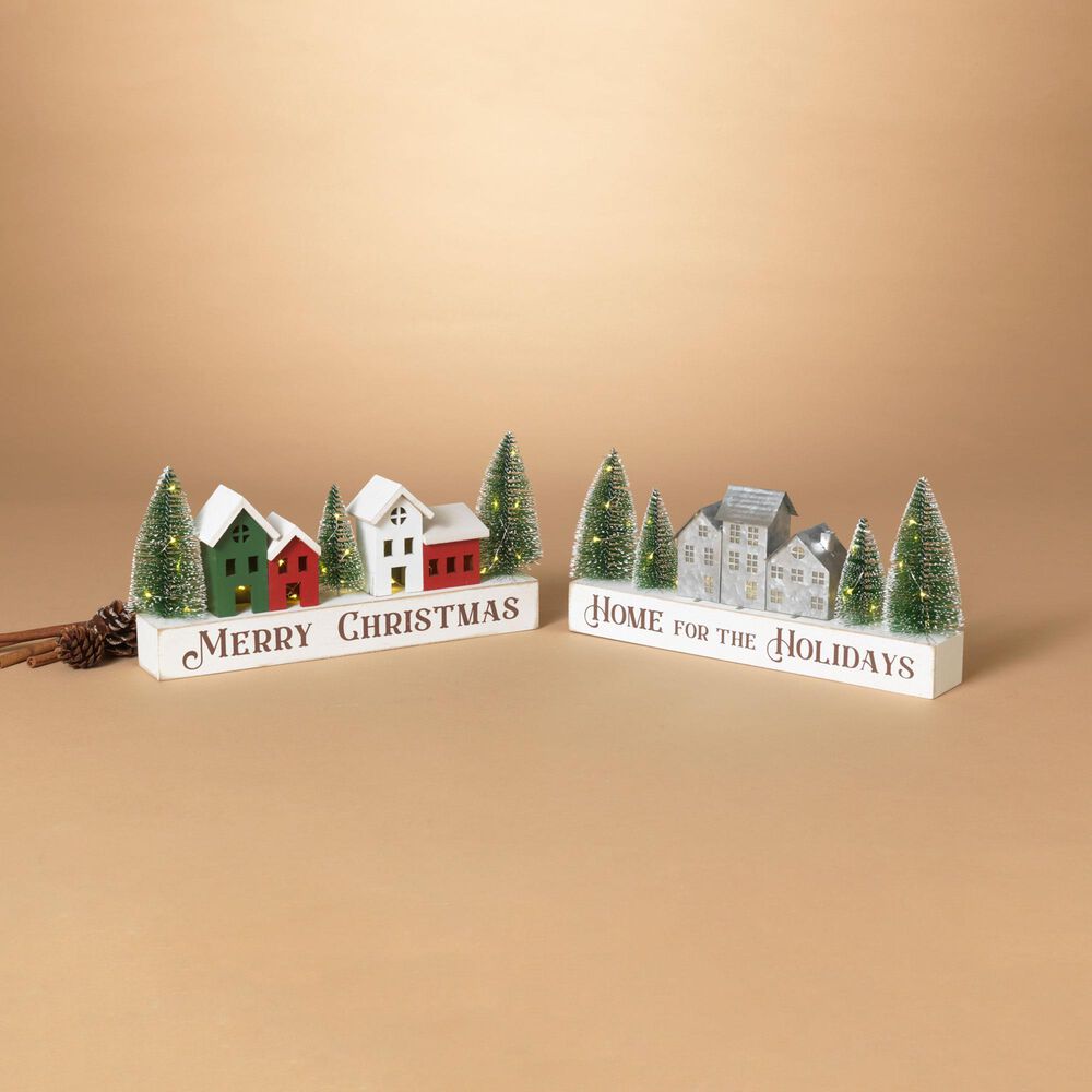 The Gerson Company 2-Piece Lighted Wood and Metal Holiday Village Assorted Table Decor Set in Green, , large
