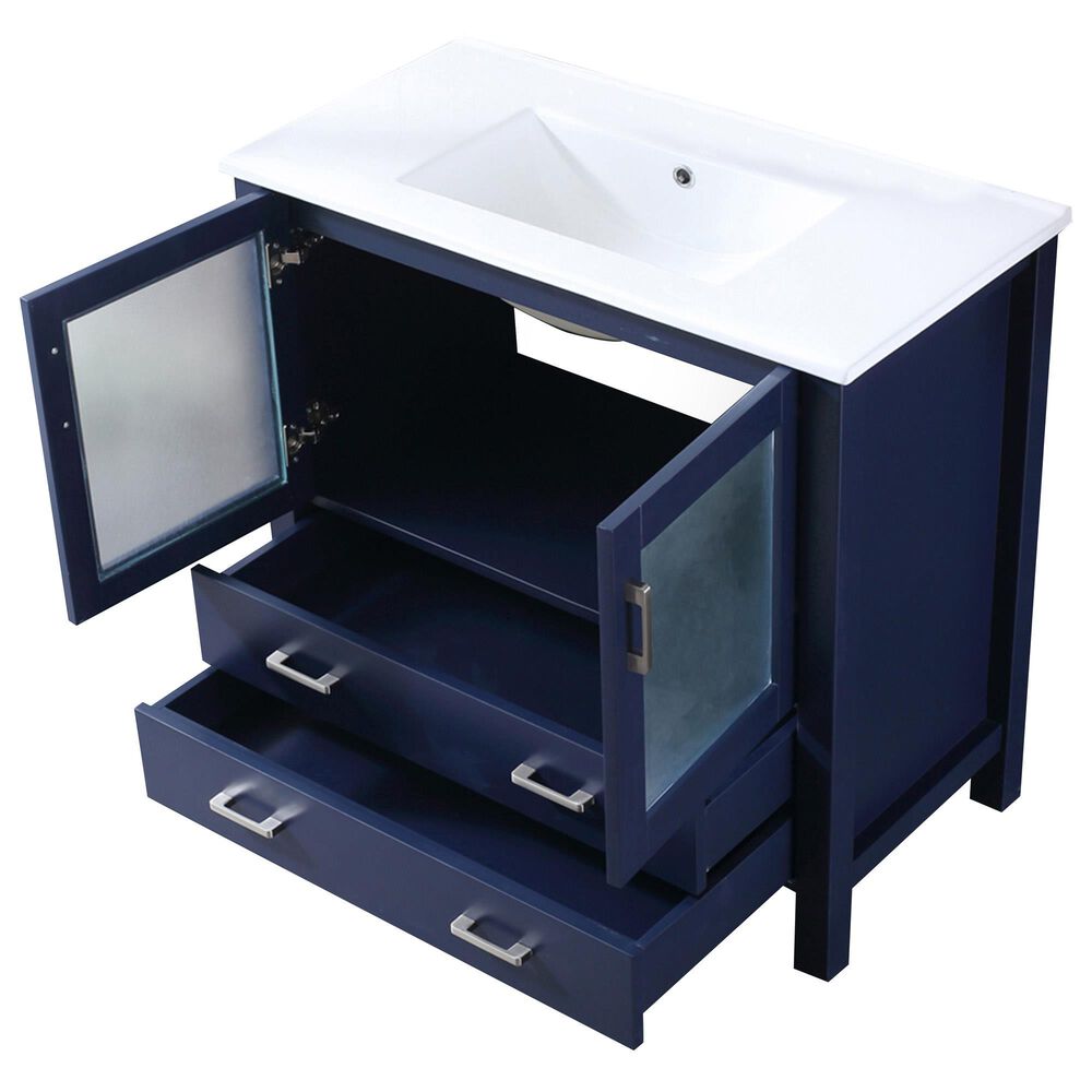 Lexora Home Volez 36&quot; Single Bathroom Vanity in Navy Blue with 2 cm White Ceramic Top and Rectangular Sink, , large