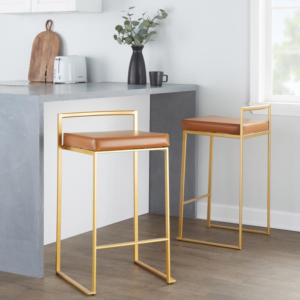 LumiSource Fuji 26" Stacker Counter Stool with Camel Upholstery in Gold (Set of 2), , large