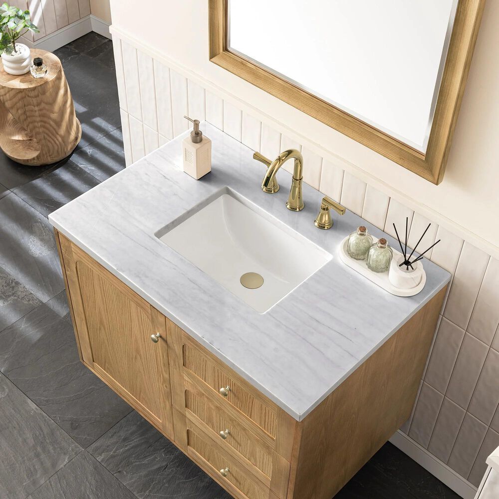 James Martin Vanities Laurent 36&quot; Single Bathroom Vanity in Light Natural Oak with 3 cm Arctic Fall Solid Surface Top and Rectangular Sink, , large