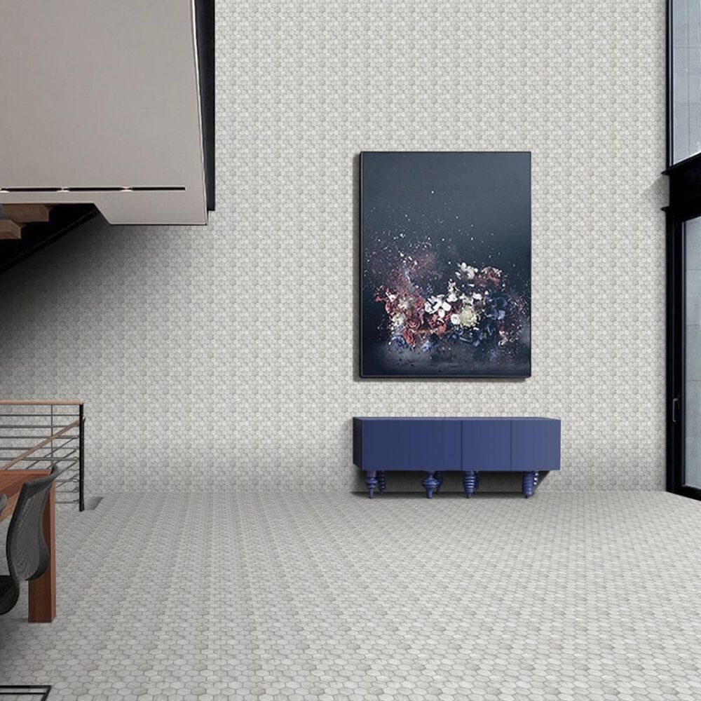 Emser Echo White 10" x 12" Hexagon Glass Mosaic Sheet, , large