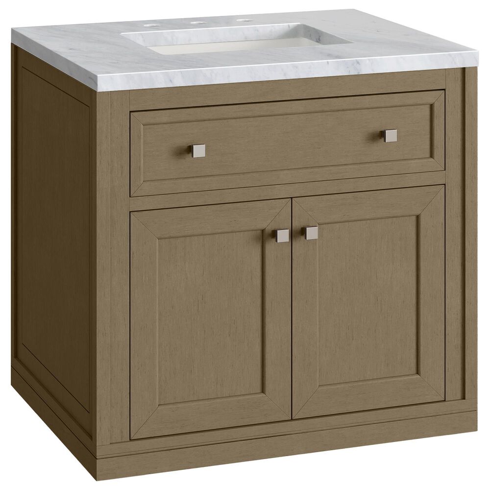 James Martin Vanities Chicago 30" Single Bathroom Vanity in Walnut Whisper with 3 cm Carrara White Marble Top and Rectangular Sink, , large