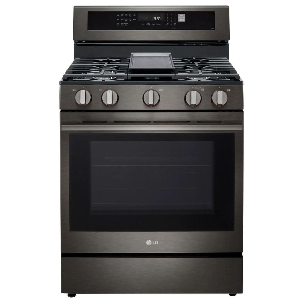LG 2-Piece Kitchen Package with 6.3 Cu. Ft. Smart Freestanding Gas Range and 2.1 Cu. Ft. Smart Over-the-Range Microwave in Black Stainless Steel, , large