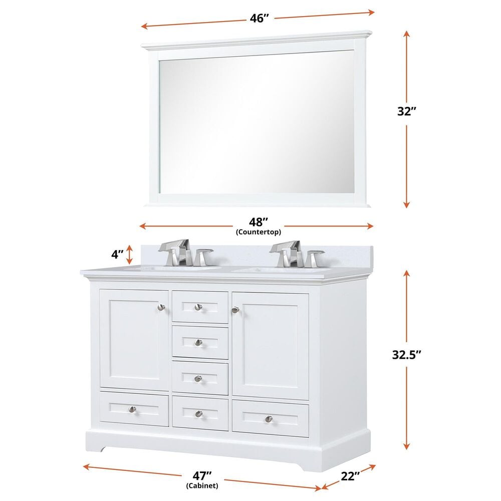 Lexora Home Dukes 48&quot; Double Bathroom Vanity in White with 2 cm White Quartz Top and Rectangular Sinks, , large
