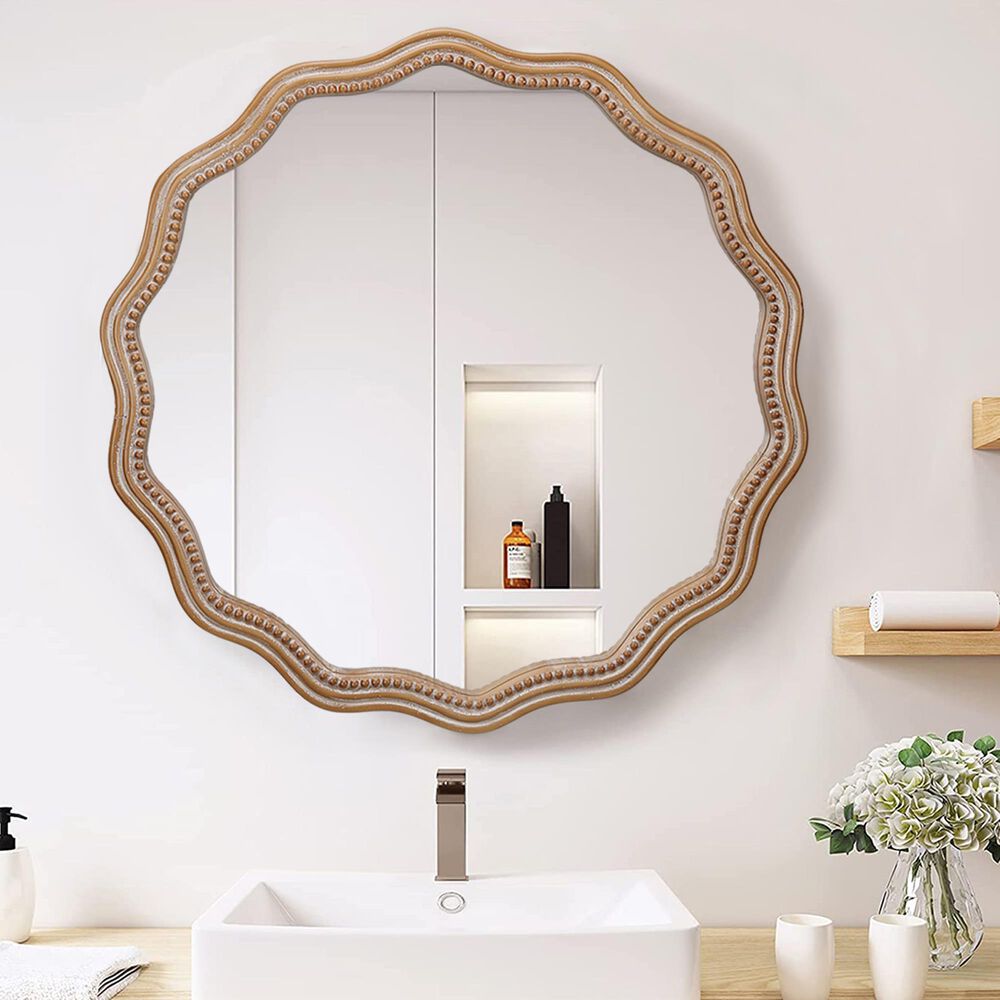 Hearth and Haven 23.62" Round Wall Mirror with Wavy Wood Framed in Antique Natural, , large