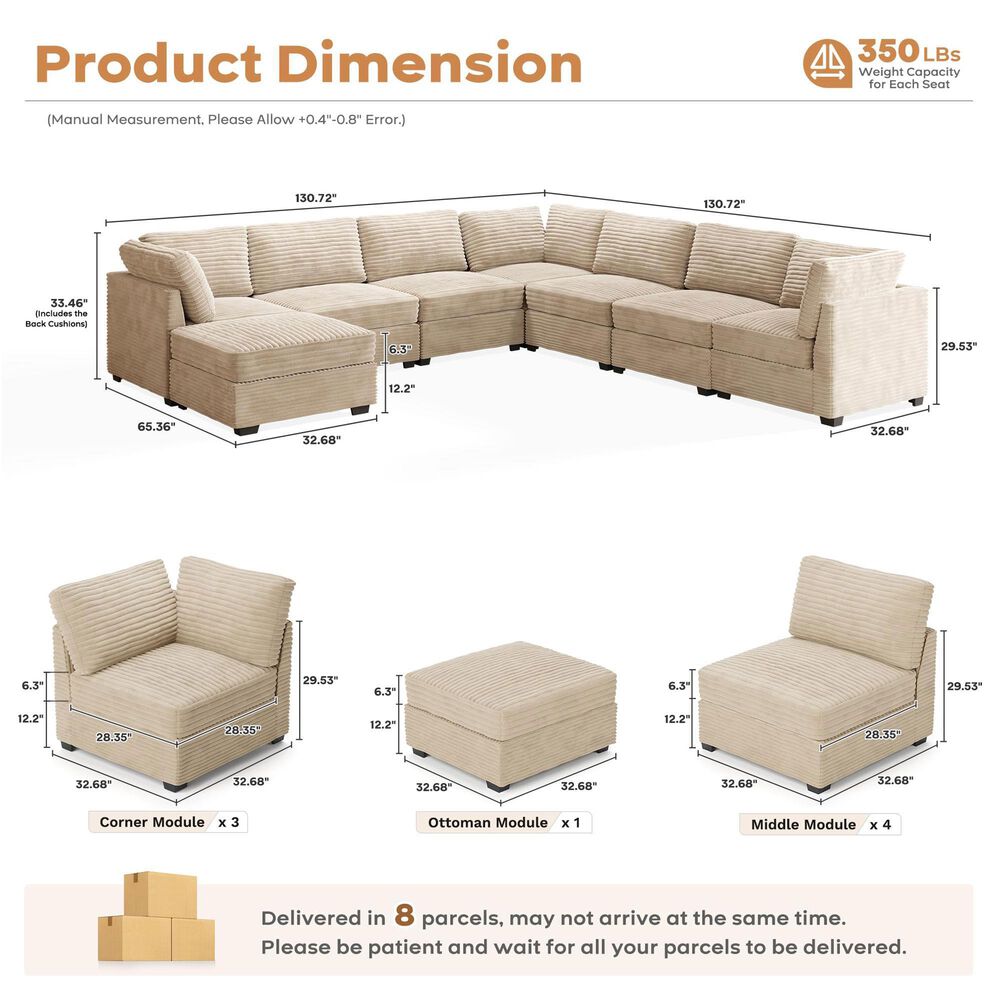 HOMLUX 8-Piece Mod L-Sectional with Chaise in Beige, , large