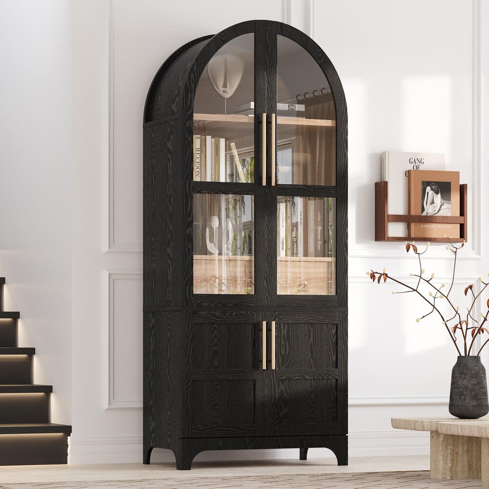 HOMLUX HOMLUX 71" Tall Arched Kitchen Pantry Cabinet with Door Shelves, Farmhouse Kitchen Storage Cabinet with Open &amp; Adjustable Shelves, Hidden Drawer &amp; Glass Door, Cupboard for Kitchen, Dining Room, Black, , large