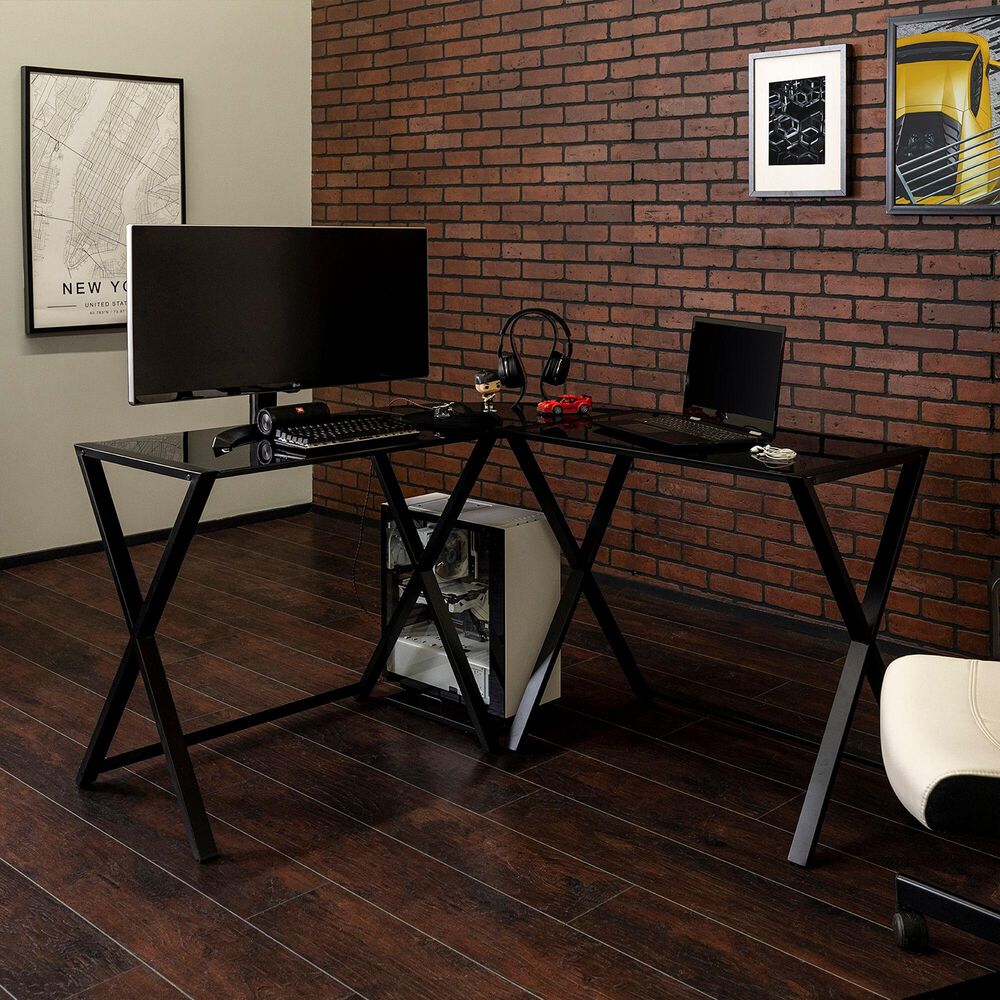 Walker Edison XFrame Glass and Metal LShape Computer Desk in Black