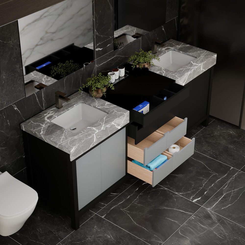 Lexora Home Zilara 84" Double Bathroom Vanity in Black and Grey with 11 cm Castle Grey Marble Top and Rectangular Sinks, , large