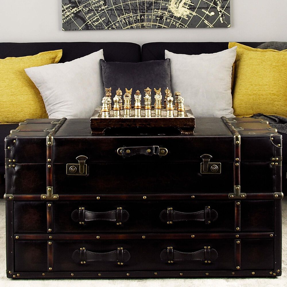 Maple and Jade Vintage 2-Drawer Coffee Table with Buckle Hinged Top in Hickory Brown, , large