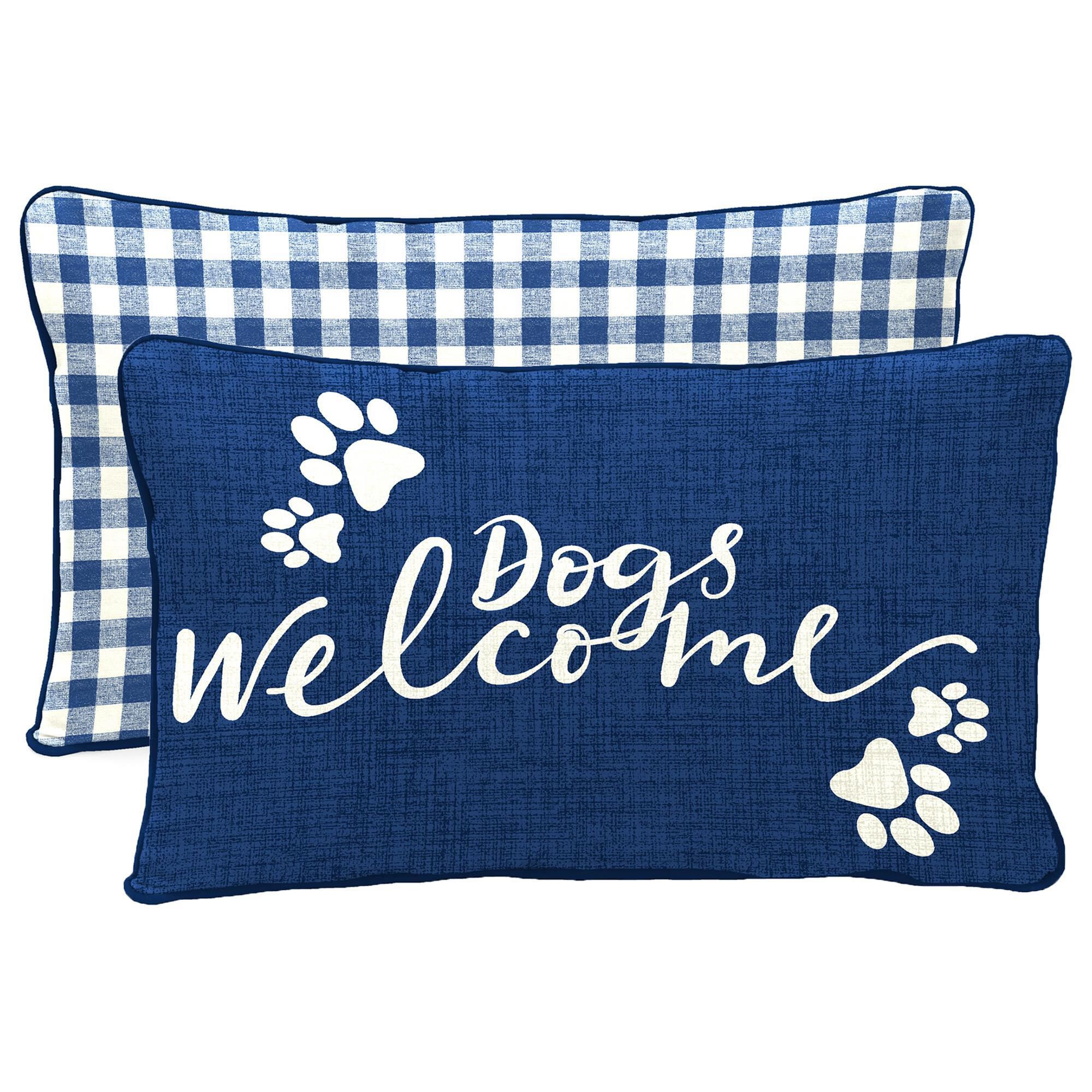 Jordan Manufacturing Dogs Welcome 12 x 16 Outdoor Lumbar Throw Pillow with Welt in Navy NFM