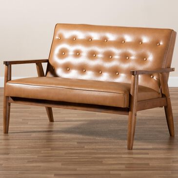 Baxton Studio Sorrento Loveseat in Tan and Walnut Brown, , large