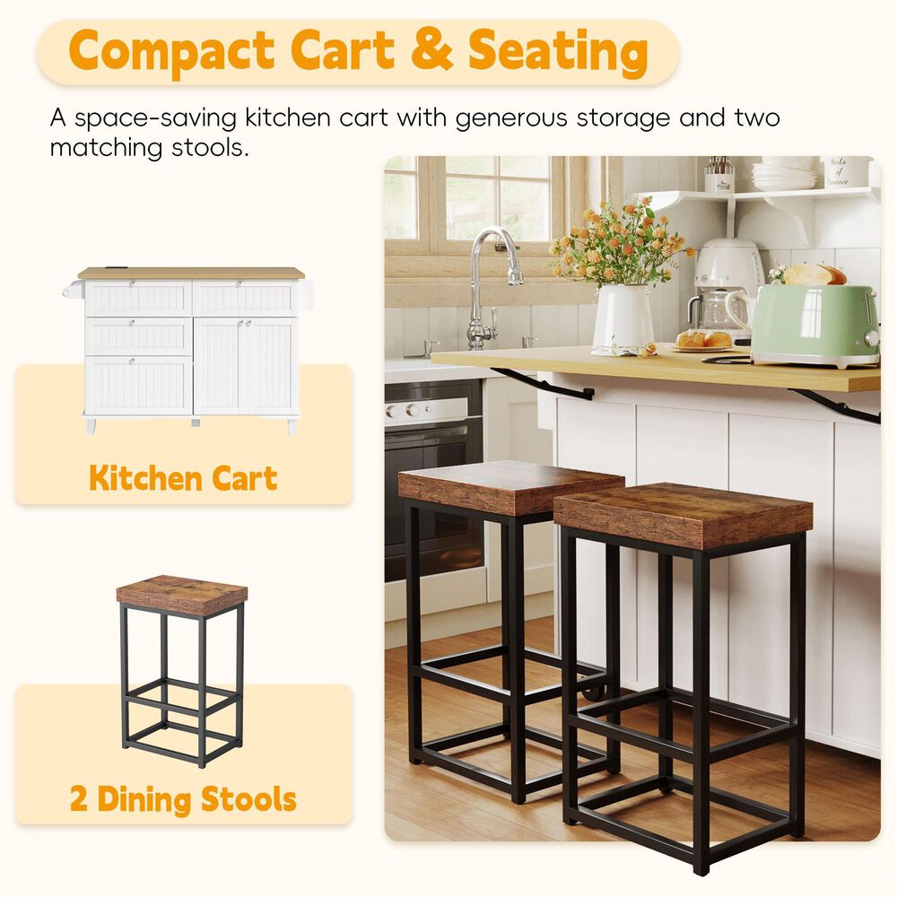 HOMLUX Farmhouse Kitchen Island with Drop Leaf and 2 Stools in White, Natural, Black and Rustic Brown, , large