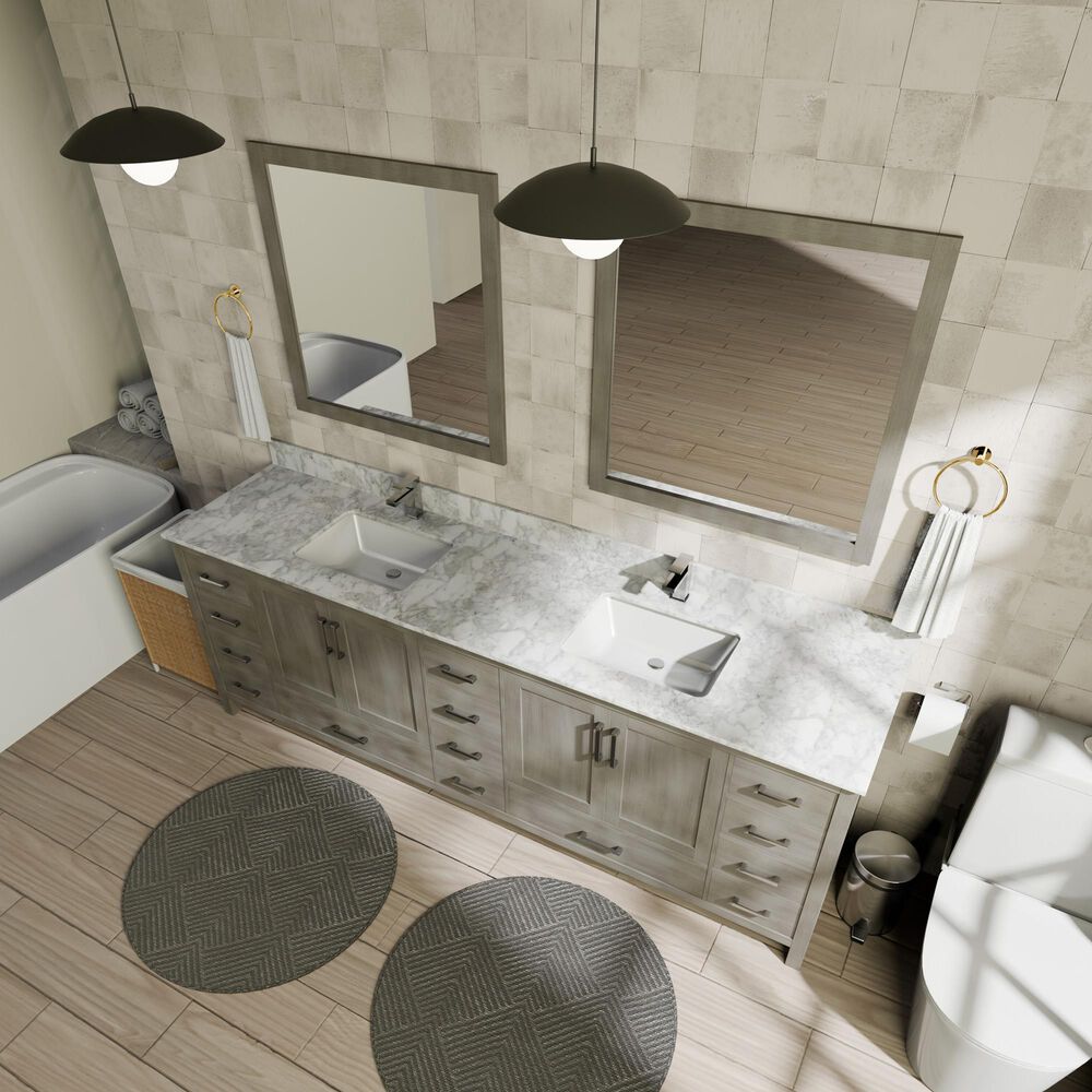 Lexora Home Jacques 84" Double Bathroom Vanity in Distressed Grey with 2 cm White Carrara Marble Top and Rectangular Sinks, , large