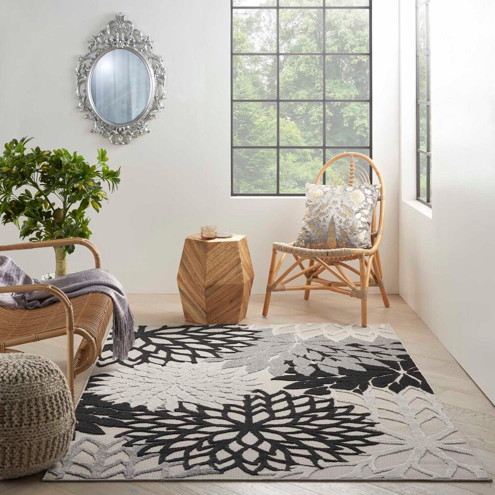 Nourison Aloha Floral 5&#39;3&quot; x 7&#39;5&quot; Black and White Indoor/Outdoor Area Rug, , large