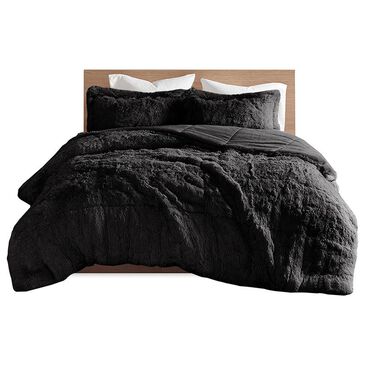 Hampton Park Malea 3-Piece Full/Queen Shaggy Faux Fur Comforter Mini Set in Black, , large