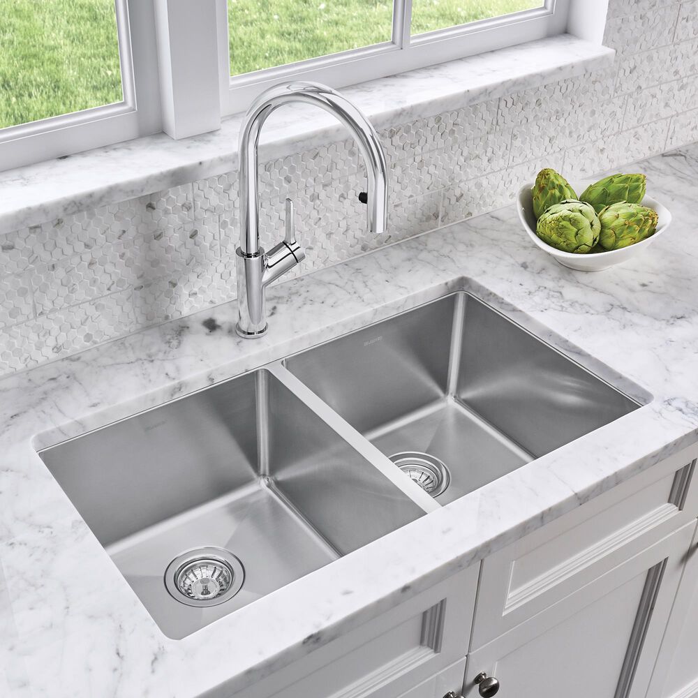 Blanco Quatrus 32&quot; R15 Equal Double Bowl Kitchen Sink in Refined Brushed, , large