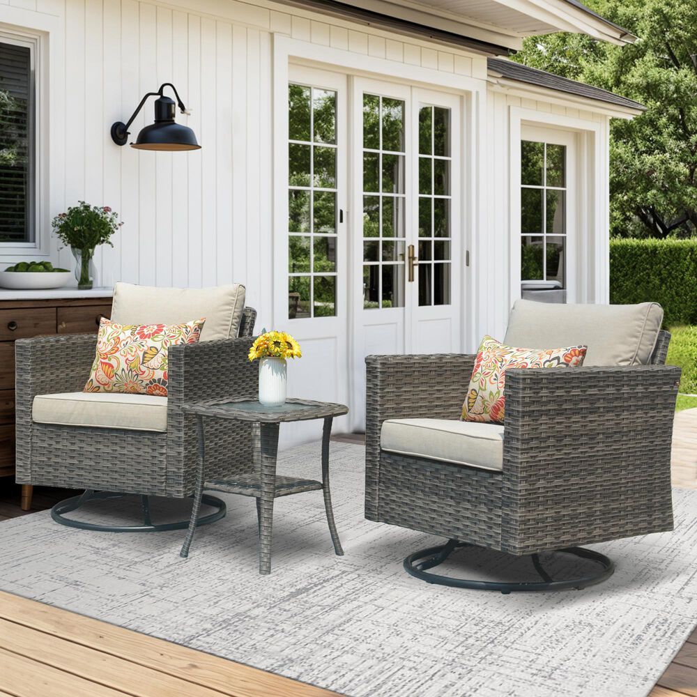 HOMLUX 3-Piece Patio Conversation Set with Square-Arm Swivel Rocking Chairs in Beige, , large