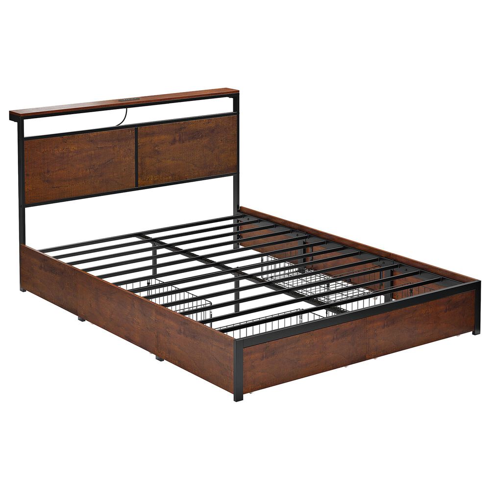 HOMLUX Full 4-Drawer Storage Bed with LED Headboard in Rustic Brown, , large