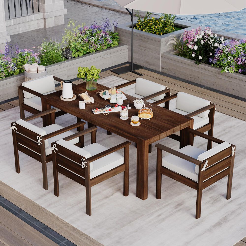 Hearth and Haven 7-Piece Outdoor Dining Set with Beige Cushions in Mocha, , large