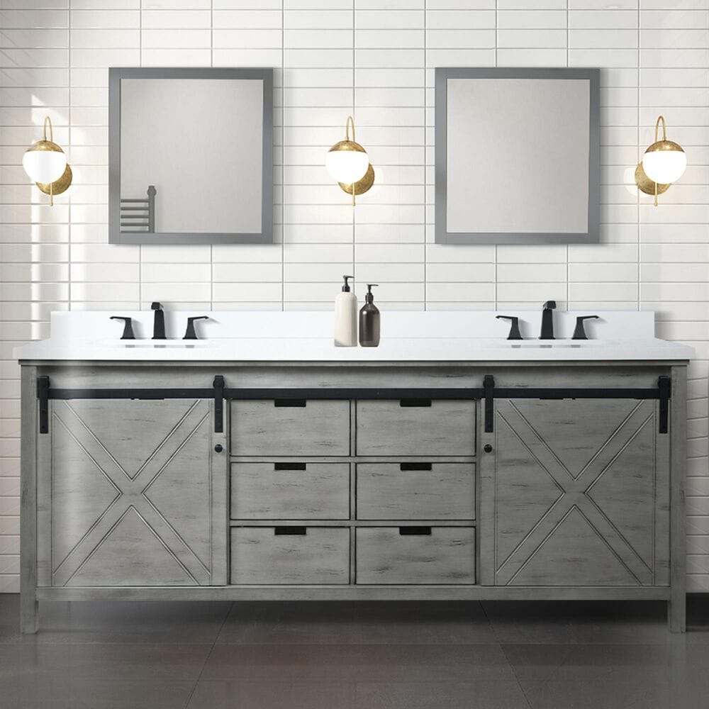 Lexora Home Marsyas 84&quot; Double Bathroom Vanity in Ash Grey with 2 cm White Cultured Marble Top and Rectangular Sinks, , large
