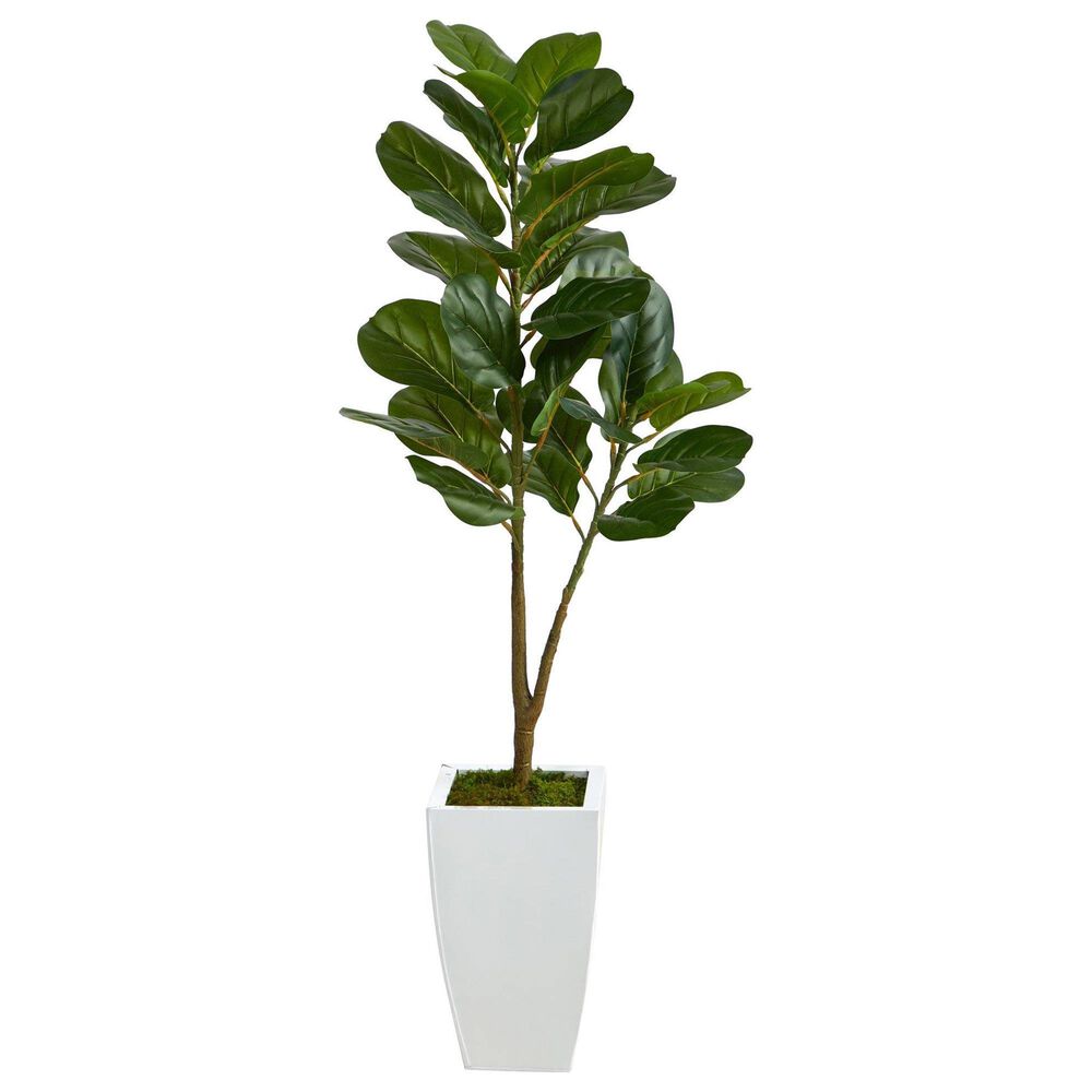 Nearly Natural Inc 4" Fiddle Leaf Fig Artificial Tree in White Planter, , large