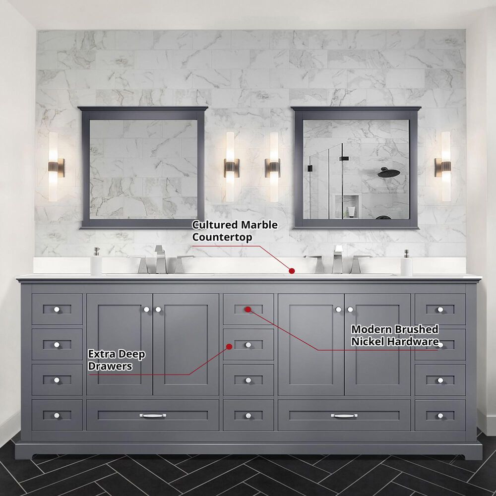 Lexora Home Dukes 84&quot; Double Bathroom Vanity in Dark Grey with 2 cm White Cultured Marble Top and Rectangular Sinks, , large