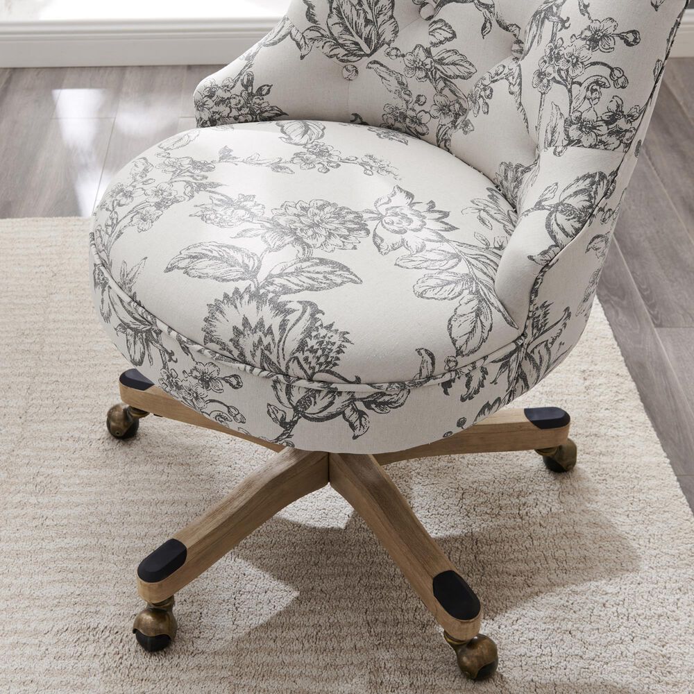Linon Home Decor Sinclair Office Chair with Floral Gray Cushion in Grey Wash, , large