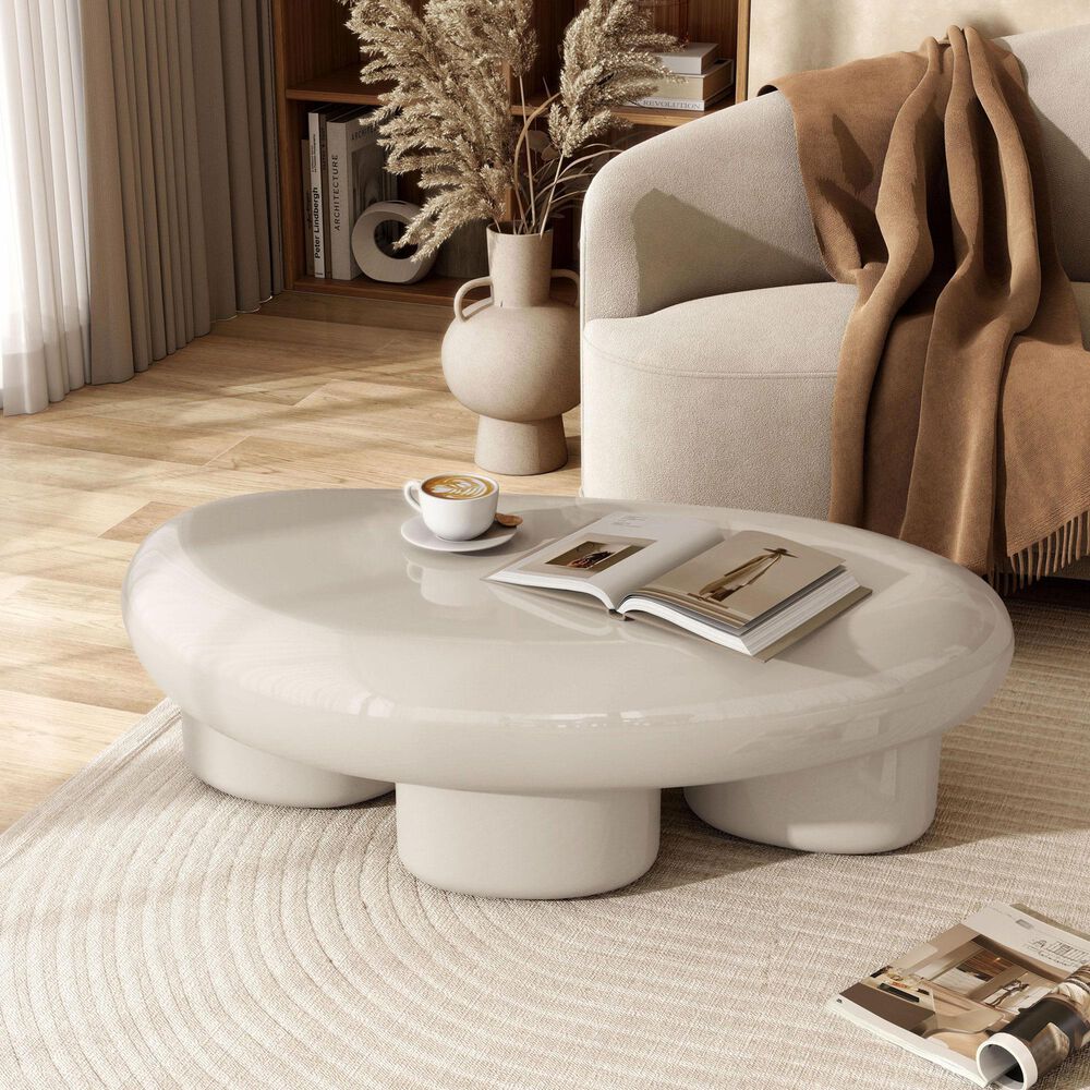 Furniture of America Rene Low Profile Glossy Coffee Table in Cream, , large