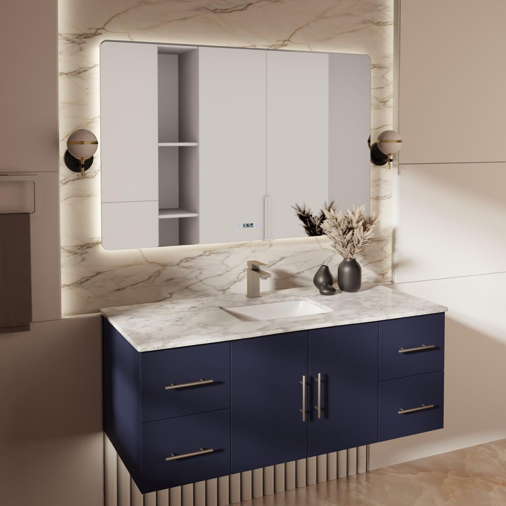 Lexora Home Geneva 48&quot; Single Bathroom Vanity in Navy Blue with 2 cm White Carrara Marble Top and Rectangular Sink, , large