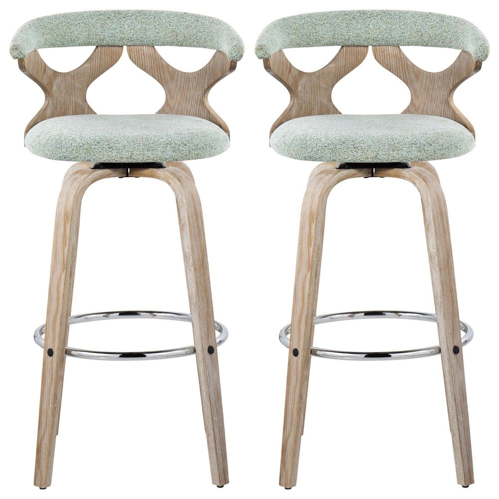 LumiSource Gardenia Swivel Fixed-Height Bar Stool with Light Grey Faux Leather Upholstery in Chrome and Whitewash (Set of 2), , large