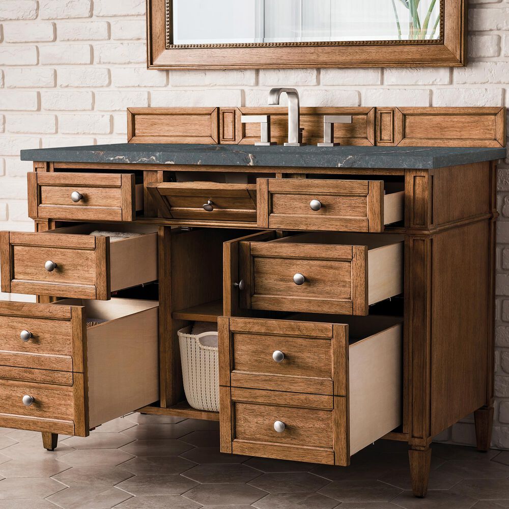 James Martin Vanities Brittany 48&quot; Single Bathroom Vanity in Saddle Brown with 3 cm Parisien Bleu Quartz Top and Rectangular Sink, , large