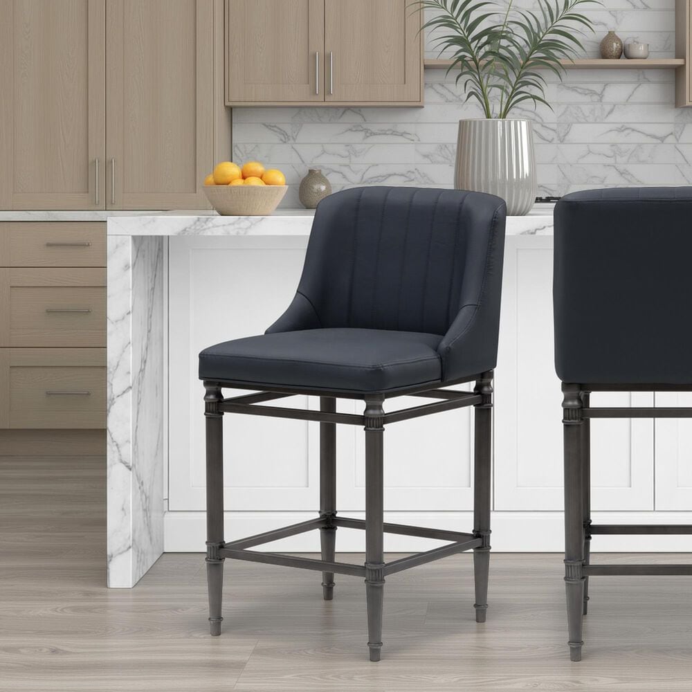 Armen Living Marvin Counter Height Stool with Night Life Blue Upholstery in Antique Pewter, , large