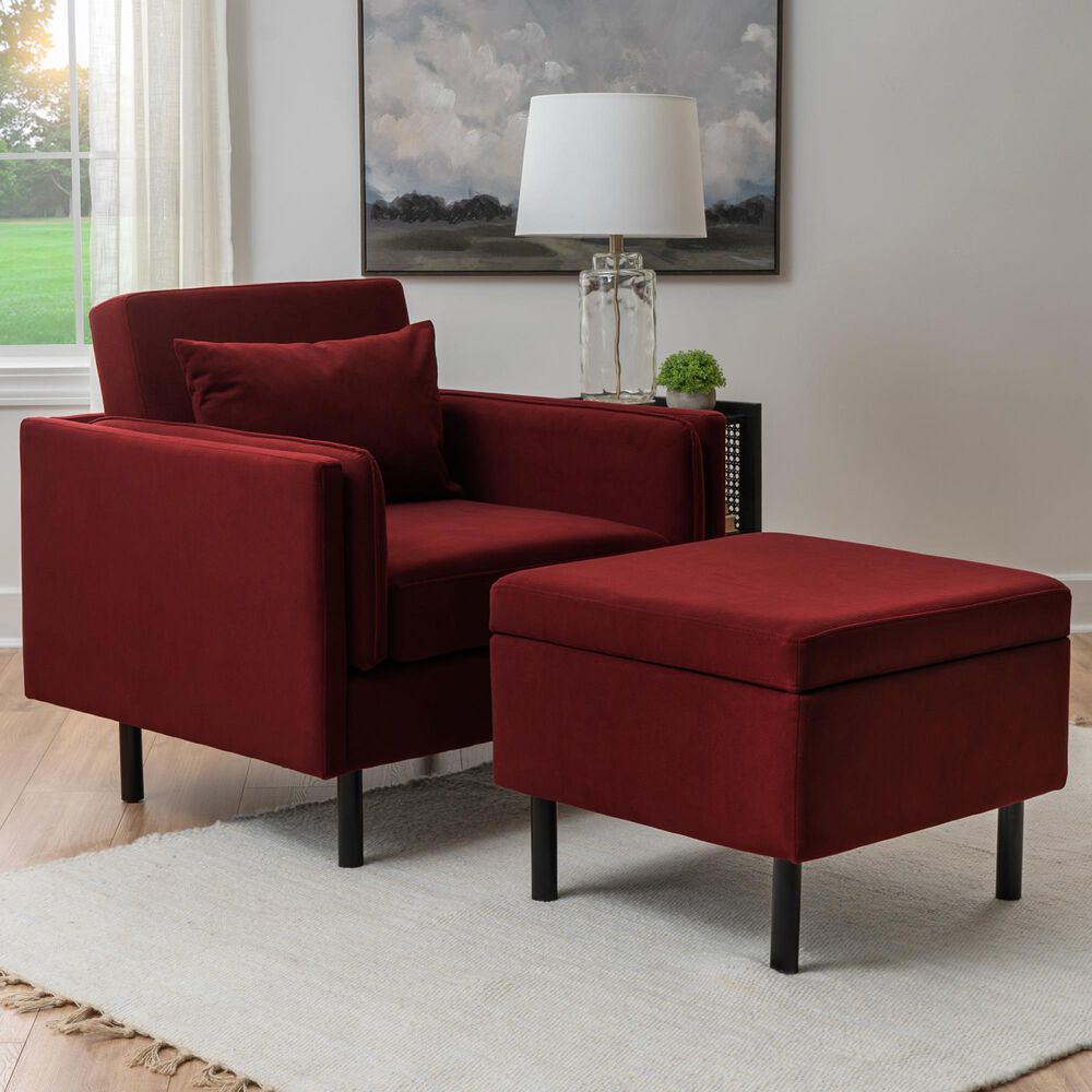 Linon Home Decor Wallis Accent Chair with Ottoman in Berry, , large