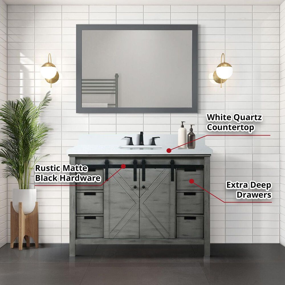 Lexora Home Marsyas 48&quot; Single Bathroom Vanity in Ash Grey with White Quartz Top and Rectangular Sink, , large