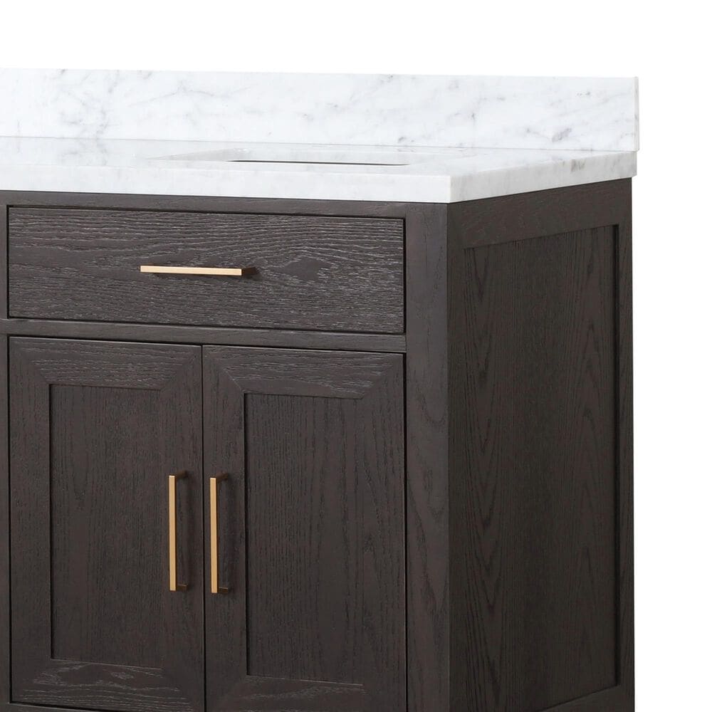 Lexora Home Abbey 72&quot; Double Bathroom Vanity in Brown Oak with 2 cm White Carrara Marble Top and Rectangular Sinks, , large