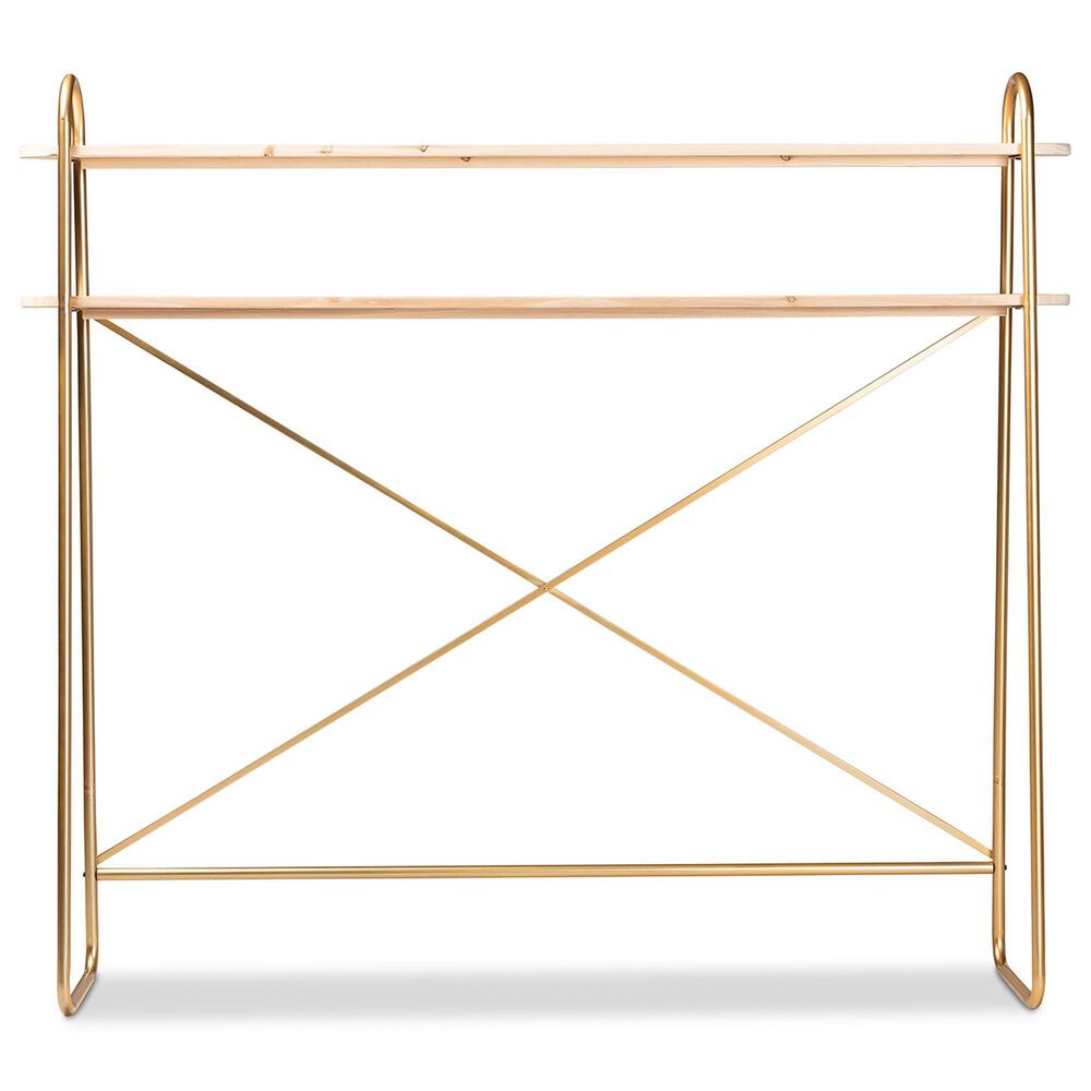 Baxton Studio Merida 2-Tier Over Bed Queen Size Storage Display Shelf in Brushed Gold and Natural Brown, , large