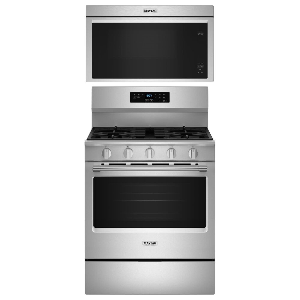 Maytag 2-Piece Kitchen Package with 1.1 Cu. Ft. Over-the-Range Flush Microwave and 5 Cu. Ft. Gas Range in Fingerprint Resistant Stainless Steel, , large