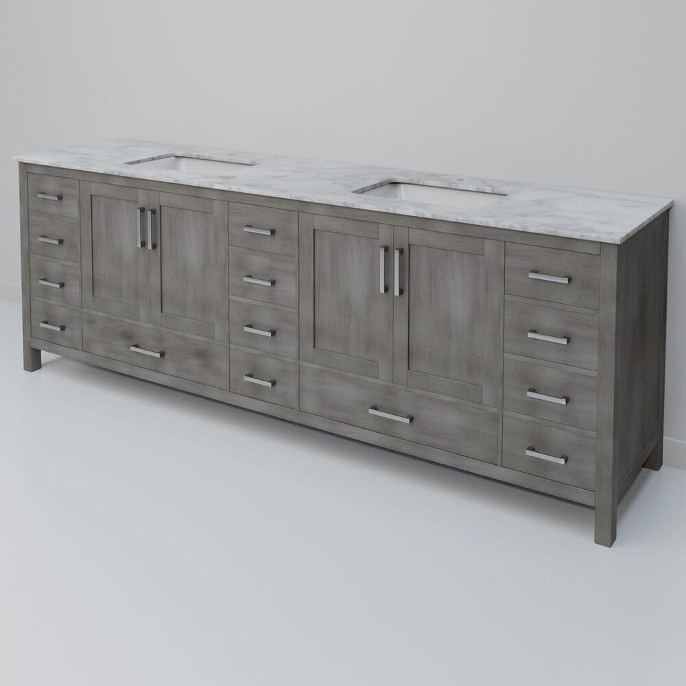 Lexora Home Jacques 84" Double Bathroom Vanity in Distressed Grey with 2 cm White Carrara Marble Top and Rectangular Sinks, , large